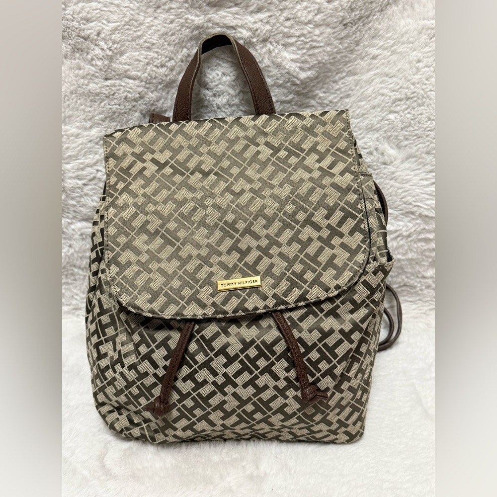 Tommy Hilfiger Brown and Cream Monogram Drawstring Backpack